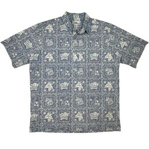 Reyn Spooner Hawaiian Shirt Mens L Blue Tapa Style‎ Print Aloha 4-Button Placket
